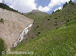 F003231: Wasserfall zwischen Felswand und grünem Steilhang